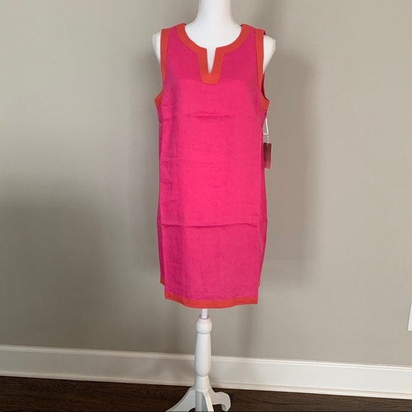 NWT SIGRID OLSEN Color Block Pink & Orange Linen Mini Dress Size Medium - Picture 3 of 7